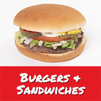 Red bar at button with white text reading Burgers and Sandwiches. Above it is a picture of a hamburger, fully dressed.