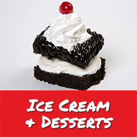 Red bar at button with white text reading Ice Cream & Desserts. Above it is a picture of a Hot Fudge Cake (two brownies with ice cream in the middle and topped with hipped cream and a cherry)