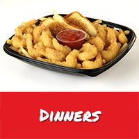 Red bar at button with white text reading Dinners. Above it is a picture of a plate containing fried shrimp, french fries, and toast.