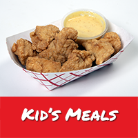 Red bar at button with white text reading Kid's Meals. Above it is a picture of a chicken tender basket with honey mustard dipping sauce.