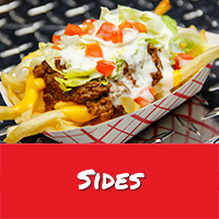 Red bar at button with white text reading Sides. Above it is a picture of a Loaded Fries